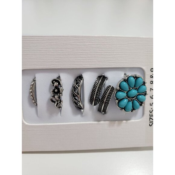 Jessica Simpson Faux Silver Tone  Turquoise Stone Ring Set  Set of 5 - Picture 3 of 7